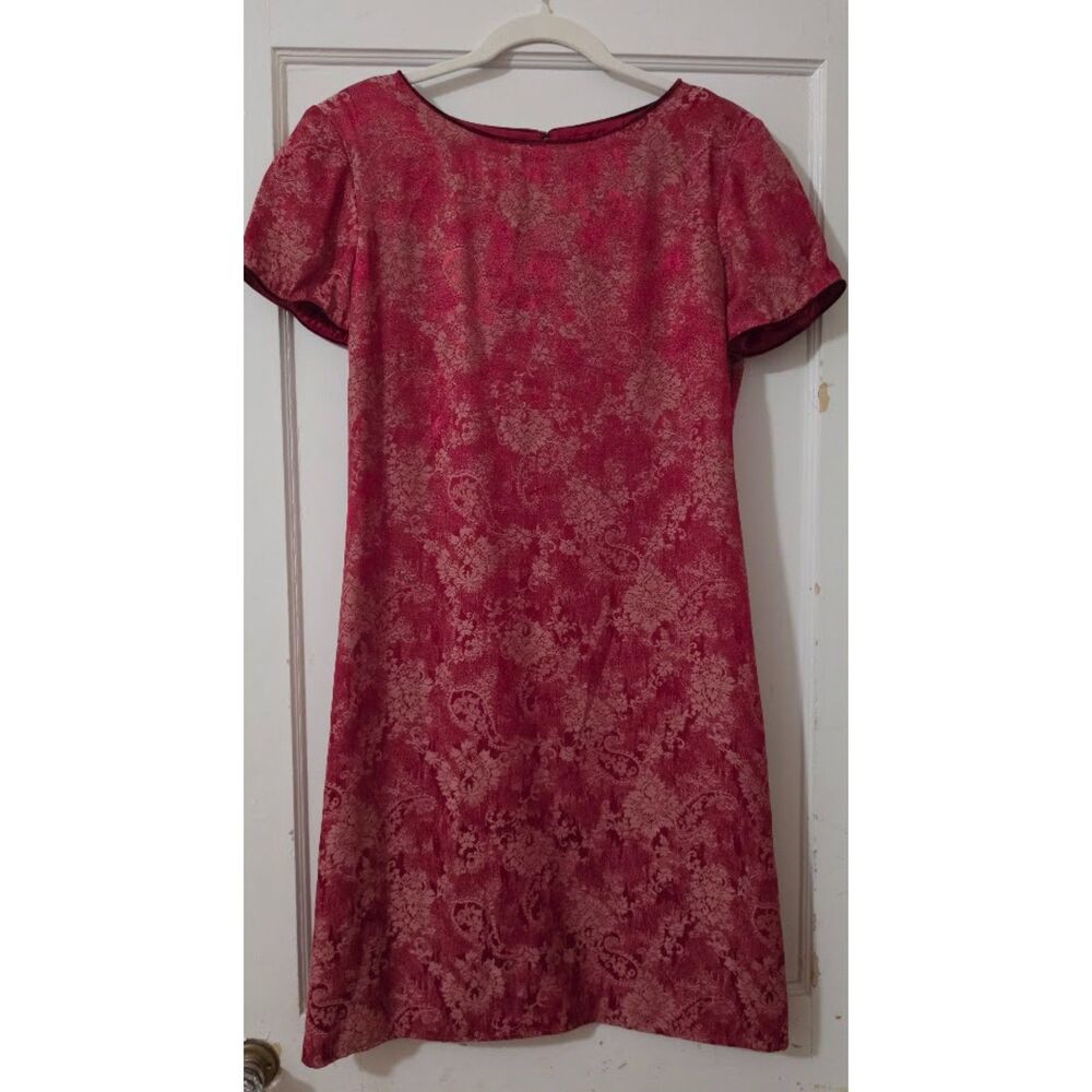 Vintage Carole Little shortsleeve sheath dress red baroque floral paisley 6